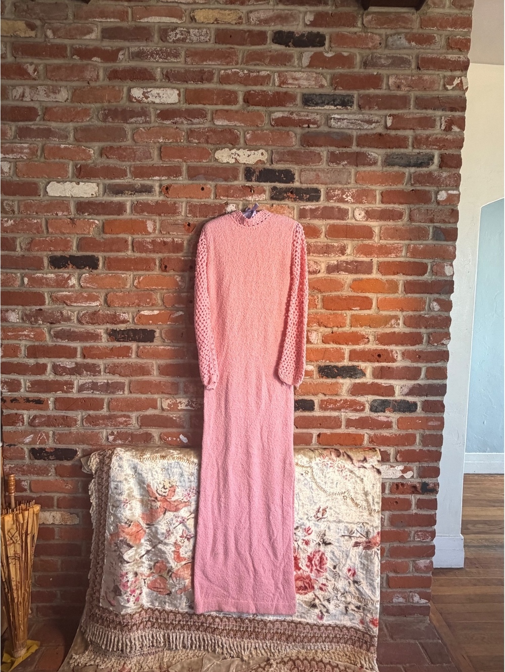 Late 60s Early 70s Vintage Pink Knit & Crochet Maxi Dress